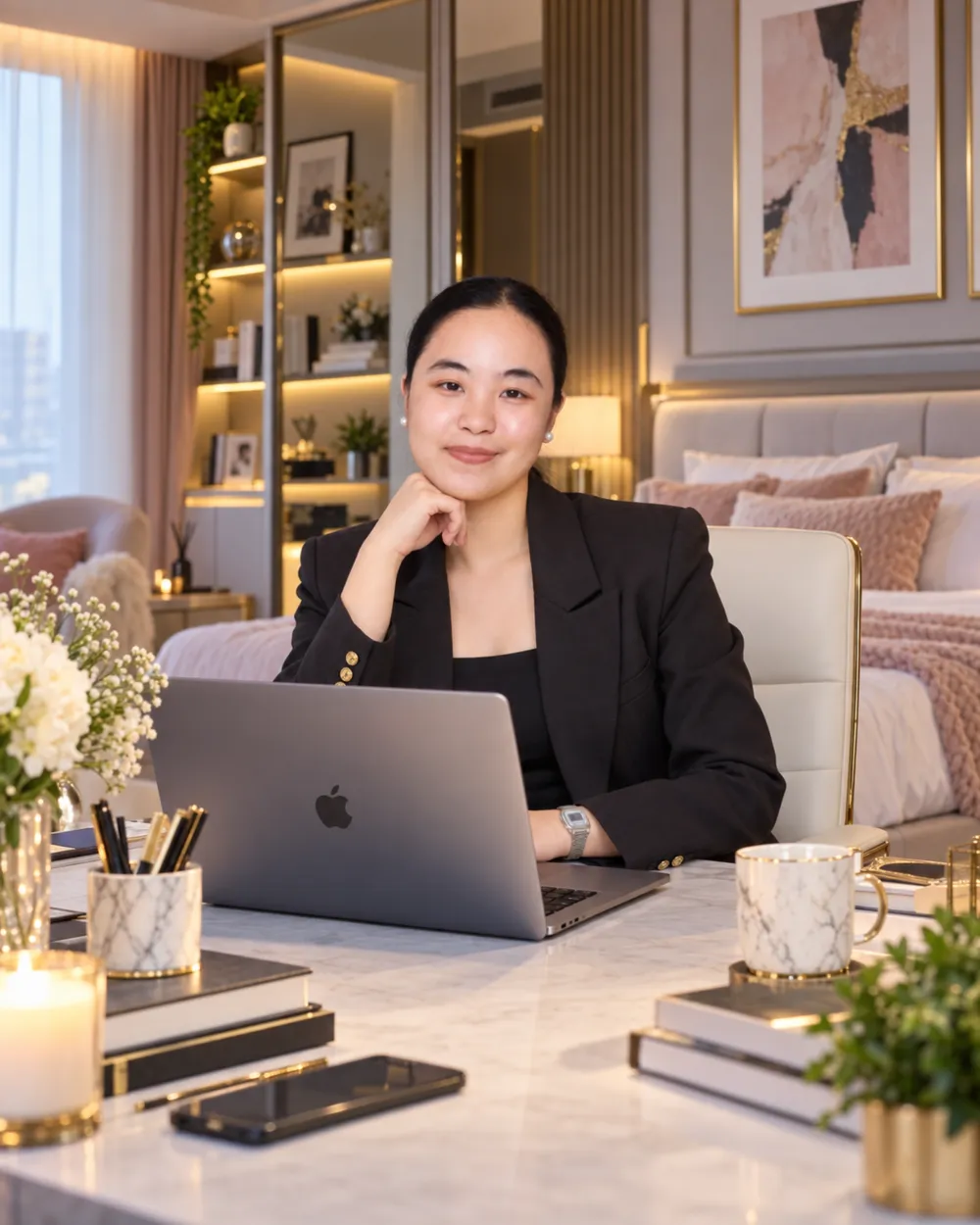 Jenica seated at a desk with a laptop