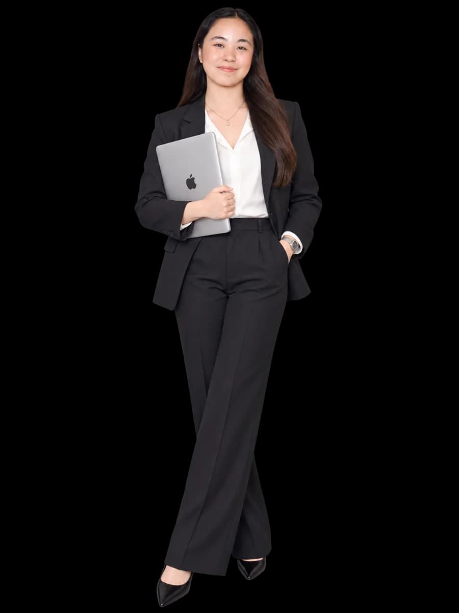 Jenica B. Salazar in a black suit holding a laptop